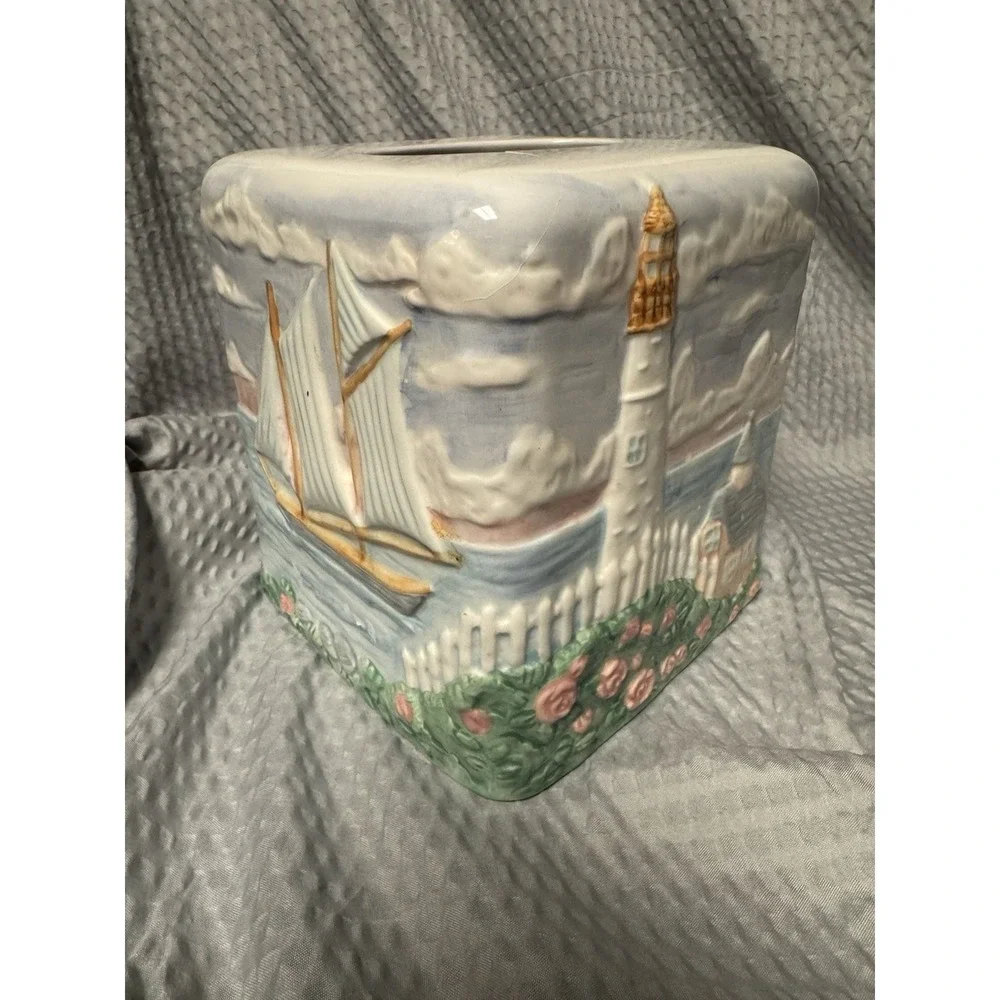 Vintage‎ 1980s Handpainted Ceramic Tissue Box Cover Lighthouse Nautical